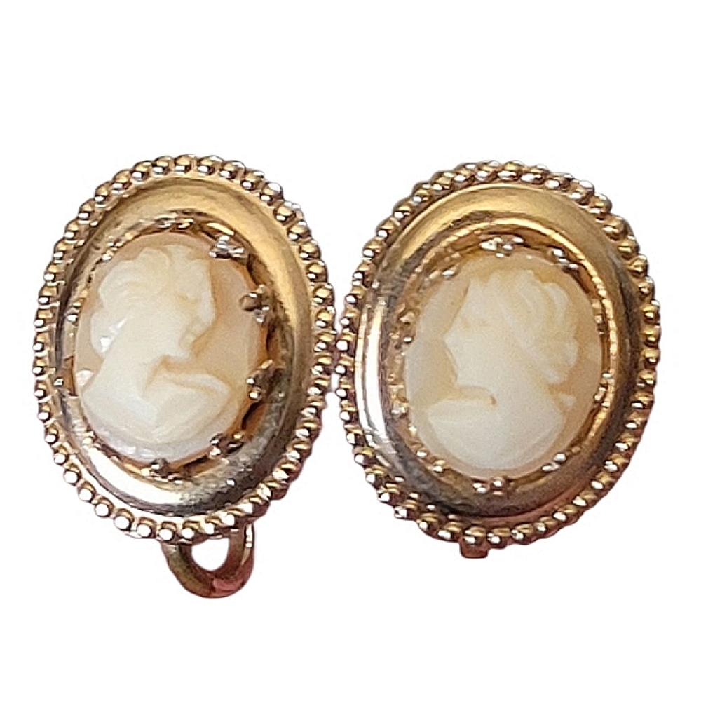 Elegant Gold and Cream Cameo Earrings Vintage